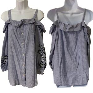 LOFT Ann Taylor Sz Sm off Shoulder Button Down Ruffled collar long sleeve shirt